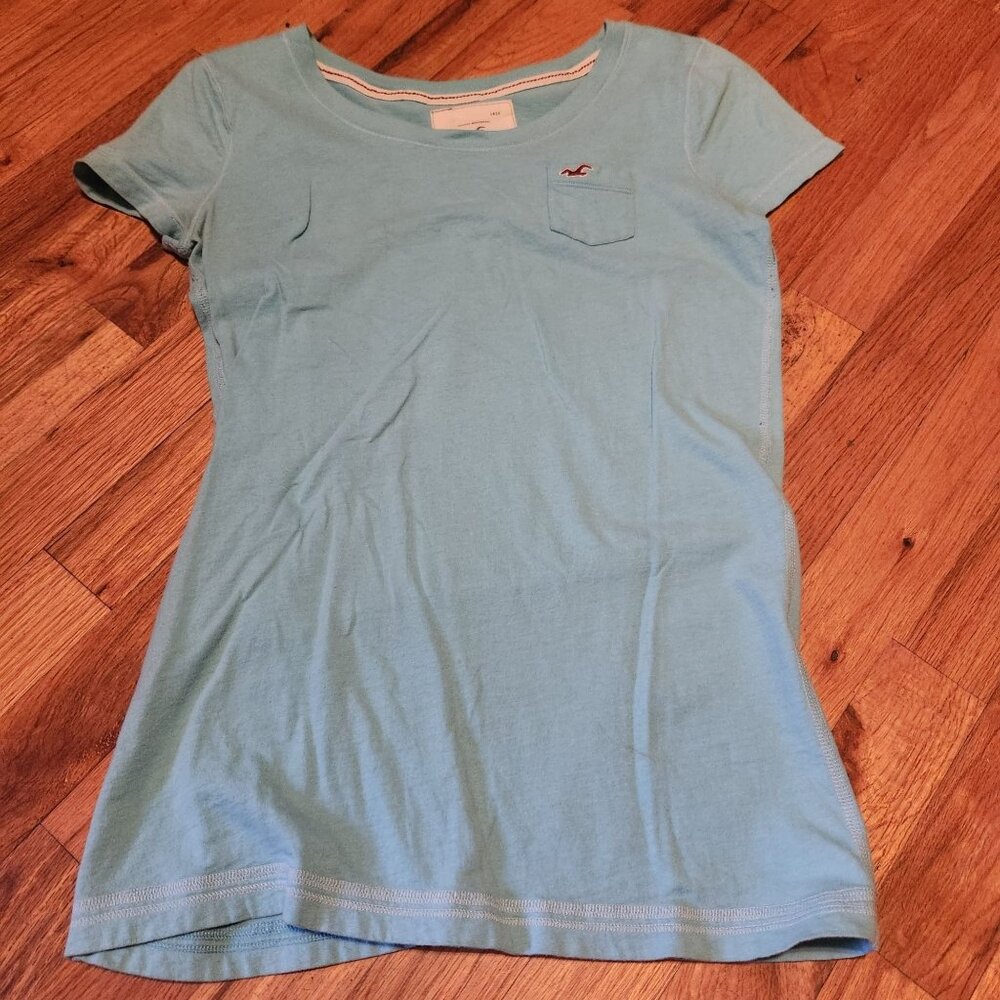 Hollister Womens Blue Babydoll Tee With Pocket Size M 100% Cotton Y2K Style Soft